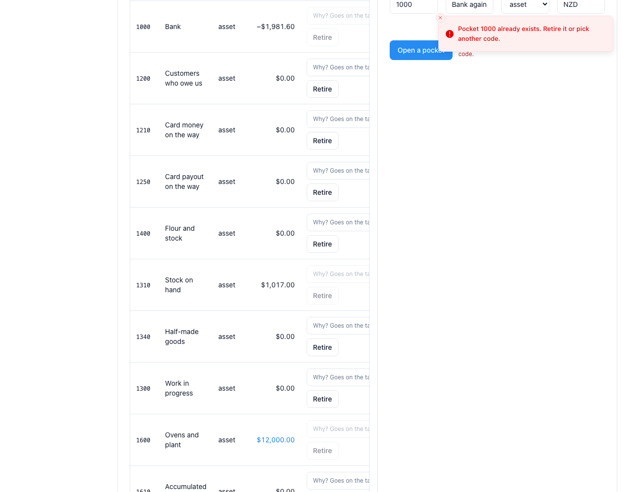 A pocket code that is already on the chart is refused.