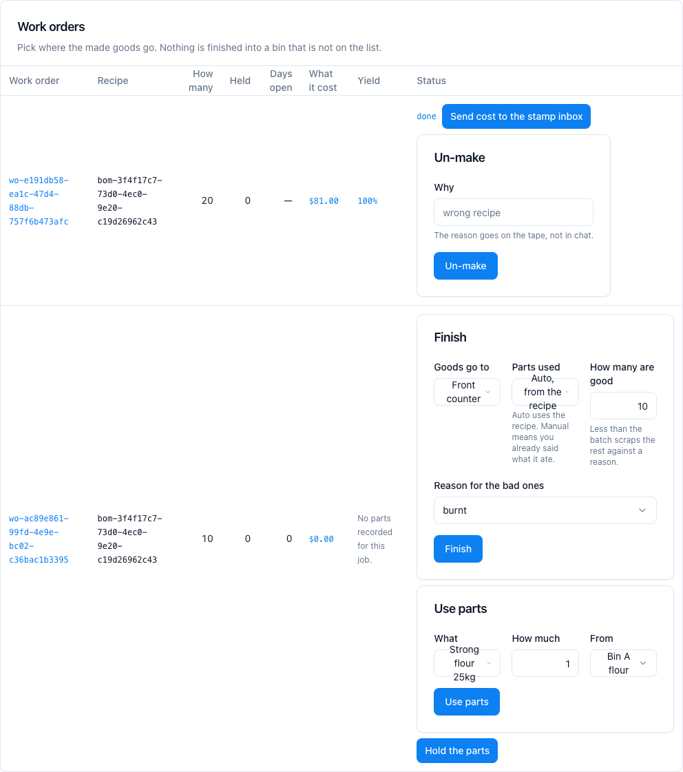 Work orders, with what they cost and their yield, worked out from the rows.