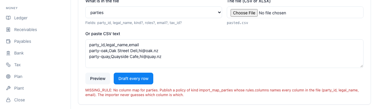 No map, no import. The refusal names the policy kind you have to publish.